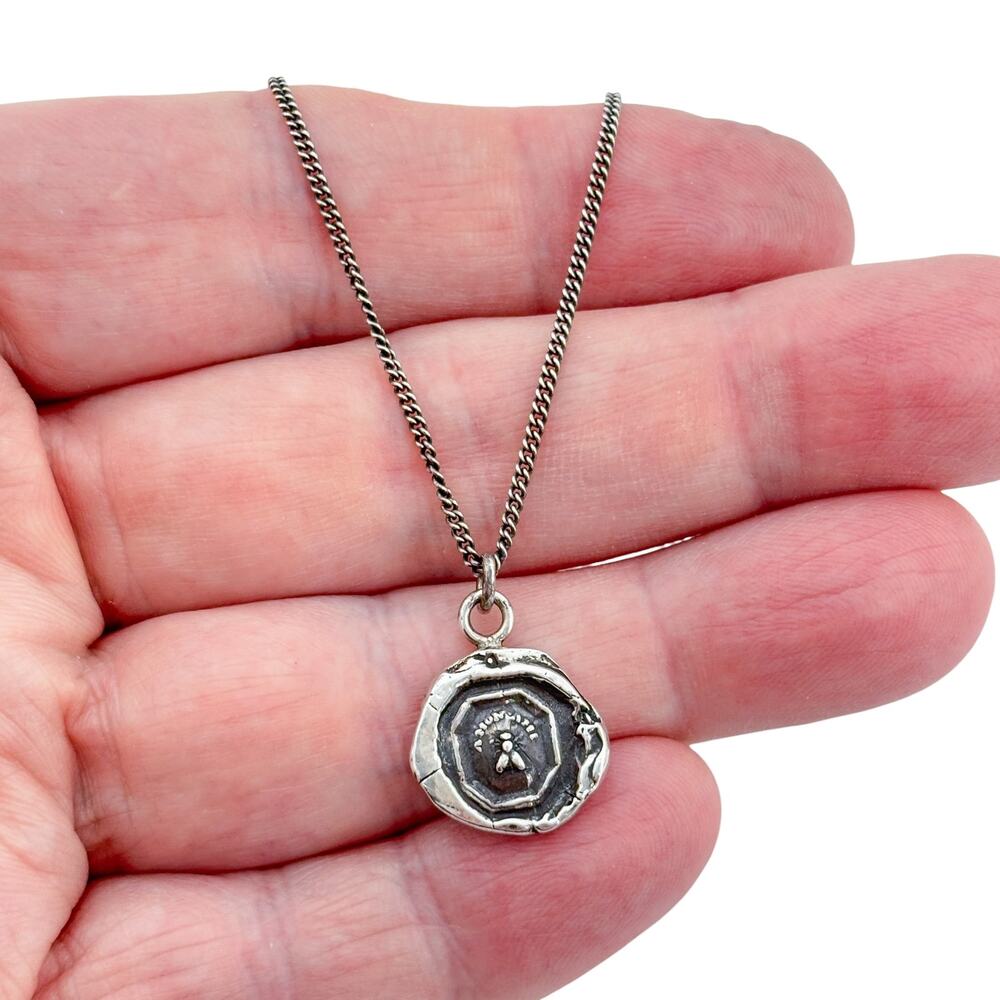 Vintage Pyrrha Sterling Silver 925 Wax Seal "Friend" Bee Talisman Necklace 18"